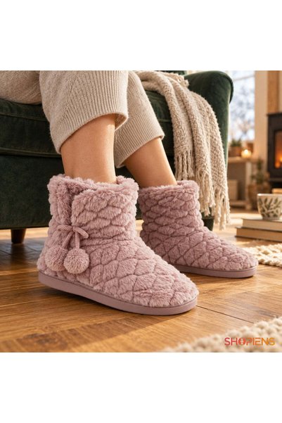SHOPIENS Papuci De Casa Dama Botosi Roz Cu Romburi Si Pompoane Marime 36-37