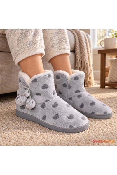 SHOPIENS Papuci De Casa Dama Botosi Gri Cu Inimioare Si Pompoane Marime 36-37