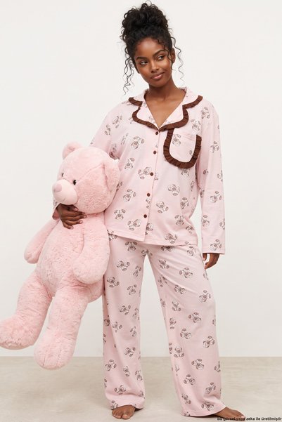 Siyah İnci Pink Teddy Bear Patterned Pocketed Ruffled Soft Tuşe Winter Button...