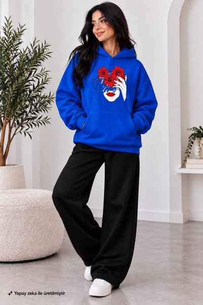caddekombin Women's Red Floral Illustration Printed Hooded Oversize Sweatshir...