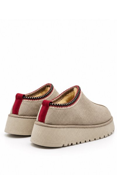 İX Cheerful Women's Beige Suede Plush Inside Thick Heeled Warm Lined Daily Comfortable Slippers Boots 5 cm Heel