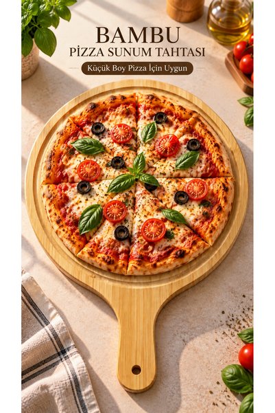 Genel Markalar Bambu Pizza Sunum Tahtası 35x23.5 cm Saplı Ahşap Servis Tahtası