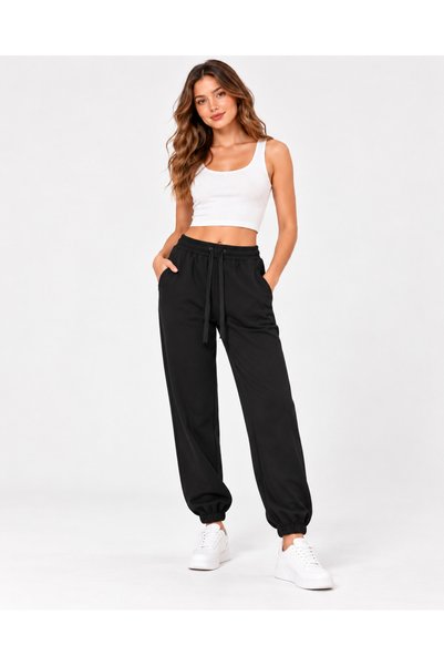 Nova Earth Art Women's Black Lace-Up Waistband Sweatpants with Pockets and El...