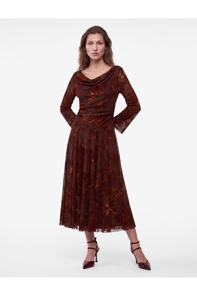 Koton Long Sleeve Semi-Sheer Tulle Boat Neck Off the Shoulder Midi Floral Dress