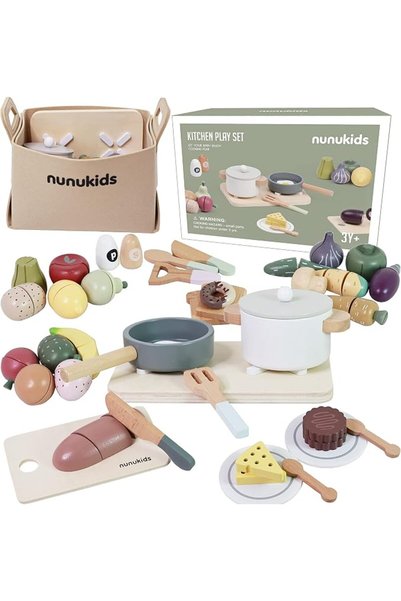 nunukids Wooden Play Food Sets for Kids Kitchen 42 pc Wooden Toys with Storag...