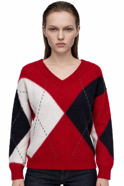 HAKKE Women's Diamond Patterned Crew Neck Knitwear Sweater