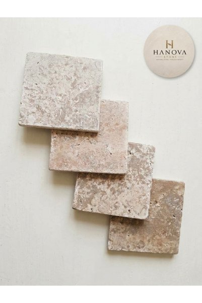 Hanova Stone حامل أكواب مربع من الترافرتين الطبيعي - 15x15 سم 4 قطع