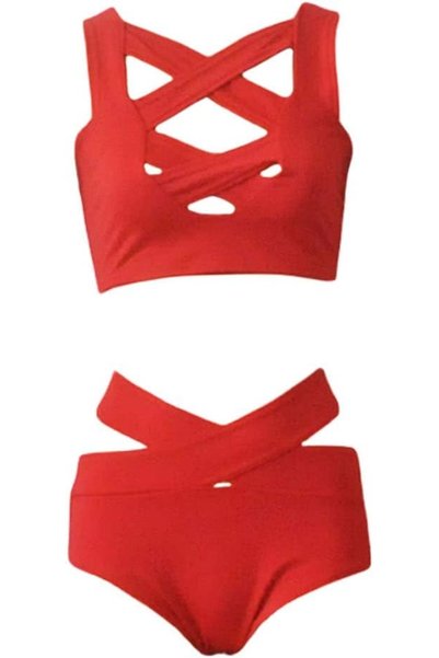 Other Women Bikini Set Swimsuit Cut Out Deep V-Neck High Waist Bandage Two Pi...