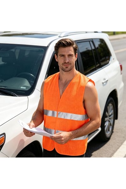 KMT Orange safety Vest with reflective strips, high visibility, for drivers a...