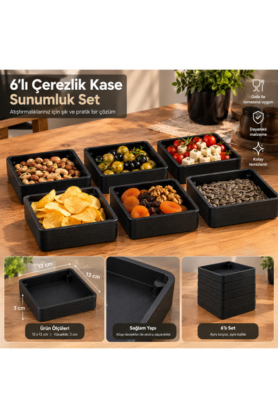 Sekoya Crafts 6’lı Siyah Kare Çerezlik Kase ve Sunumluk Seti 13x13 cm