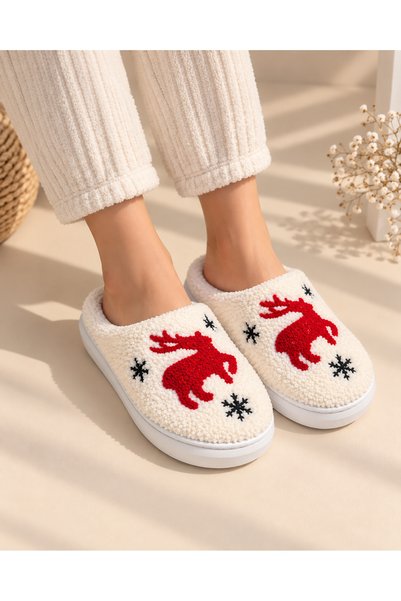 Akınal Bella Women's Ecru Plush House Slippers with Red Deer Pattern and Snow...