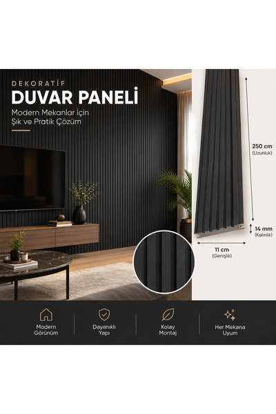 KMS HOME Siyah Duvar Paneli ( 11 x 250 cm) 14 mm kalınlığında Mdf Panel Ahşap...