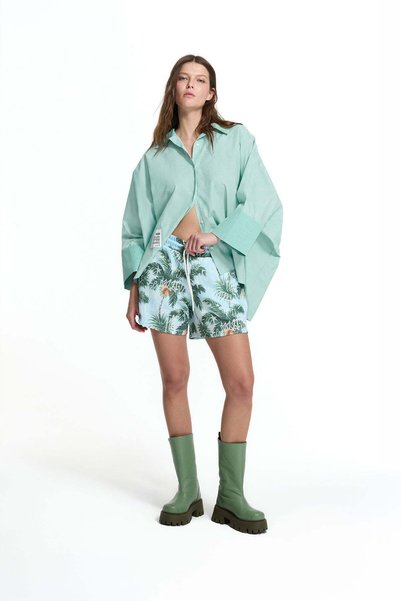 #vdr viadellerose Blue Green Palm Patterned Resort Shorts 19078