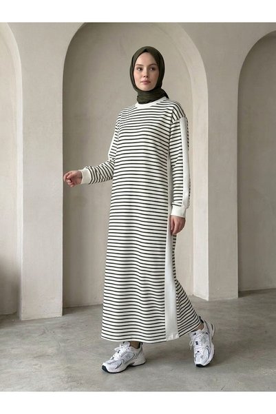 Lunsera Store فستان مخطط مزين - كاكي