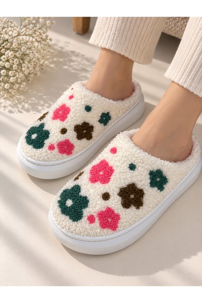 Akınal Bella Women's Plush House Slippers with Floral Pattern, Soft Inner Lin...