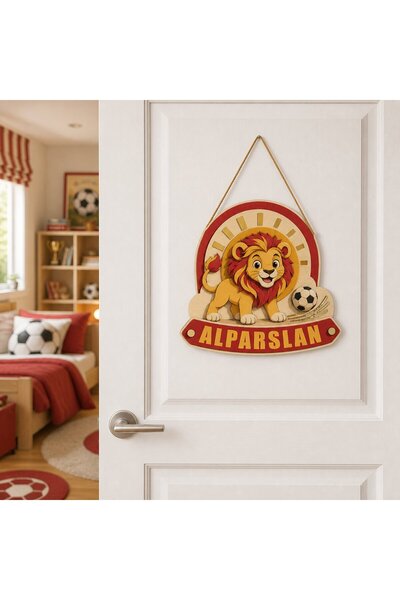 Kişiye Özel Sarı Kırmızı Aslan ve Futbol Temalı Ahşap Çocuk Odası Kapı Süsü
