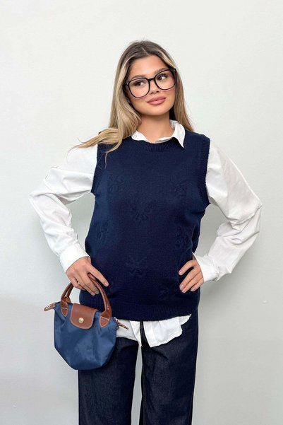 JEE LEE سترة نسائية مطرزة بفيونكة وياقة دائرية باللون الأزرق الداكن - 27K 2524
