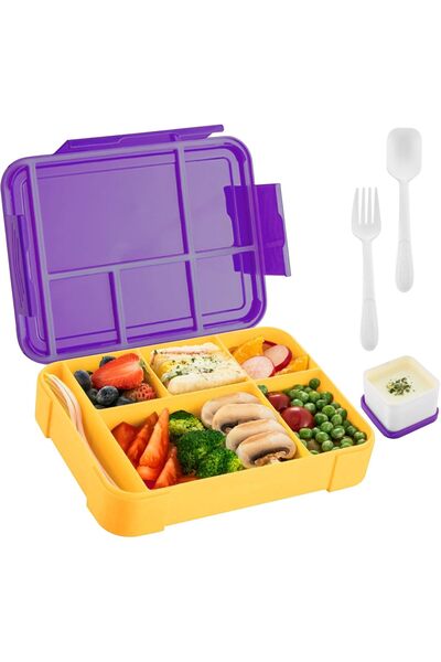 Generic صندوق غداء بنتو للأطفال - حاوية طعام مع وعاء للصلصة وملعقة وشوكة، 5 أ...