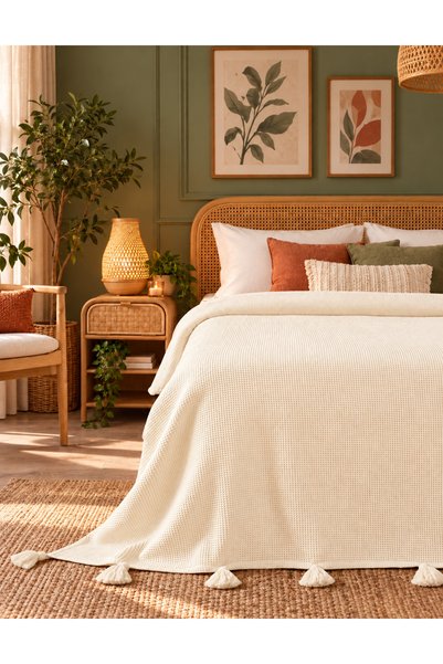 Divanest Cream Double Bedspread with Tassels, Honeycomb Pique, Bedspread Piqu...