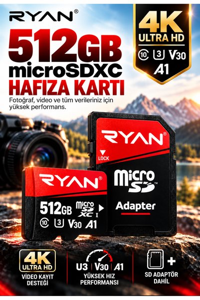 Ryan Technology 512GB Micro Sd Hafıza Kartı U3 V30 4K Araç Kamerası Drone Telefon Retro Güvenlik Kamerası Destekli