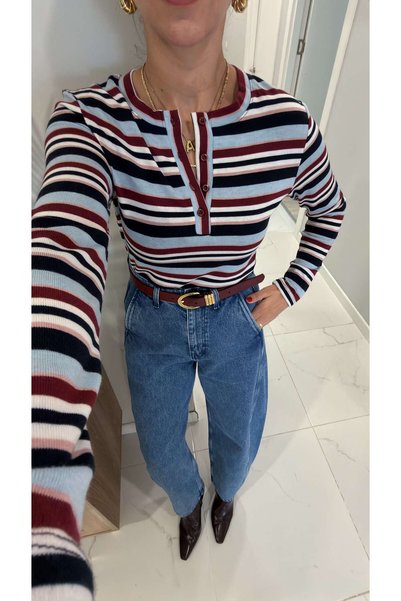BİRCANÇİL Belliza Burgundy Blue Striped Blouse