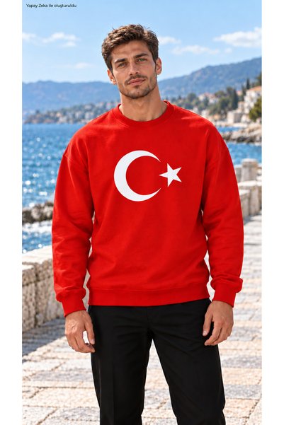 EMMODA Erkek Kırmızı Ay Yıldız Türk Bayraklı Oversize Sweatshirt - Bisiklet Y...
