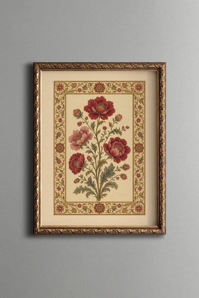 epiqart Red Flowers with Borders on Cream Background - Vintage Patterned Pain...