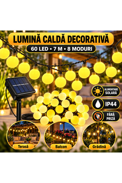 iTin Instalatie solara LED 7m, 60 LED-uri, lumina calda, 8 moduri iluminare, ...