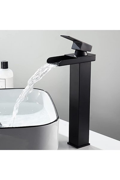 Noonedibs Robinet mixer cascadă pentru lavoar înalt, negru mat, pătrat, apă c...