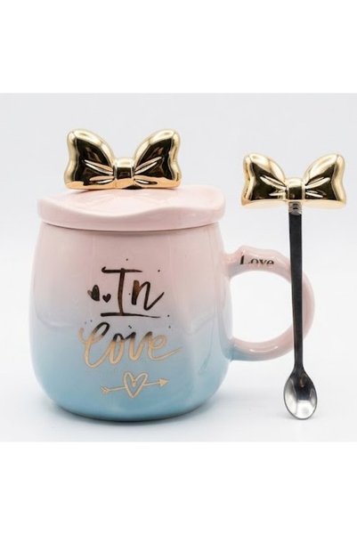 Fara brand Cană din Ceramică cu Capac "In Love" și Linguriță Metalică Fundiță...