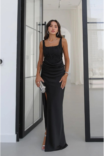 My Blog Black Embroidered Corset Detailed Slit Evening Dress - 20527