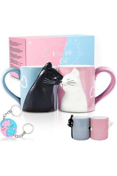 BigNoseDeer Kiss Cat Coffee Couple Mug set, Unique Funny Tea Ceramic Cup Set ...