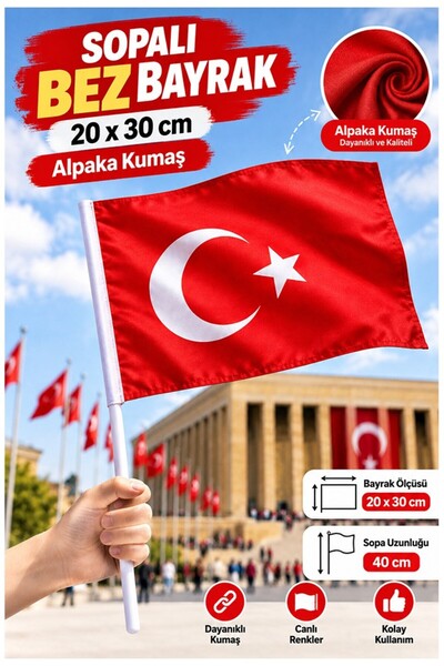 Artmaster Sopalı Bez Bayrak 20x30 Cm 1 Adet Saplı Bayrak Ay Yıldız Plastik Çı...