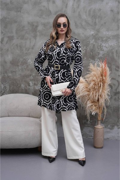 Polologin Butik قميص نسائي منقوش بياقة وأكمام طويلة وتصميم أنيق