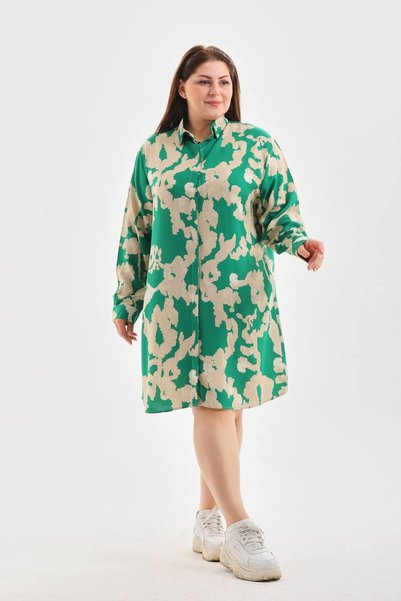 Polologin Butik Green Patterned Buttoned Long Sleeve Shirt Dress