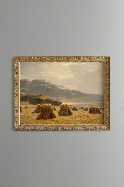 epiqart Stacks of Hay in the Mountain Valley - Vintage Patterned Painting - F...