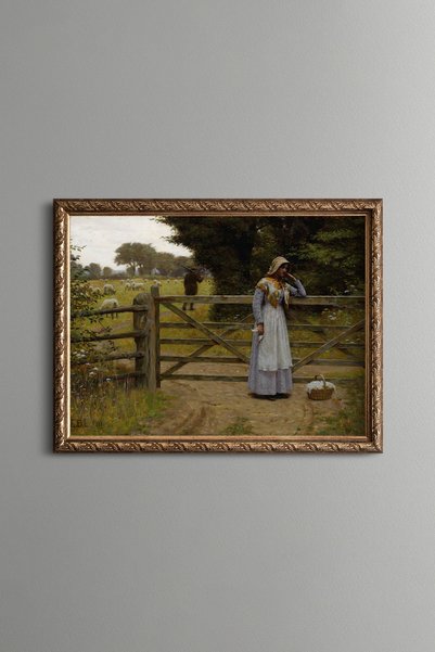 epiqart امرأة بجانب سياج الحديقة - لوحة بنمط عتيق - نموذج رفيع