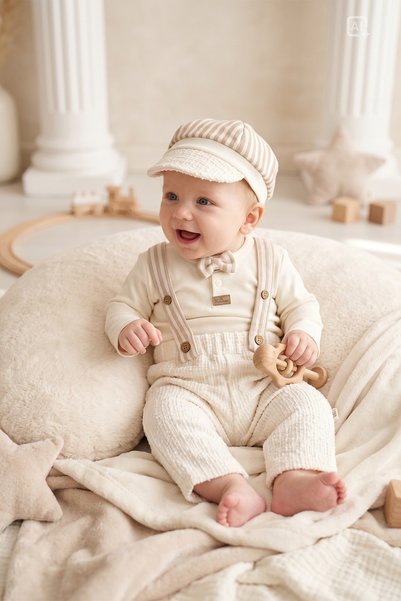 ALYRA Baby Boy 3-Piece Set Ecru Strappy Trousers Bow Tie Hat Long Sleeve Cotton Holiday Special Occasion Birthday 3-18 Months