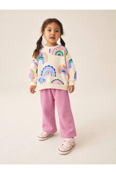 LuccoKids Kaylo Girls' Rainbow Patterned Sweatshirt and Pink Wide-Leg Pants 2...