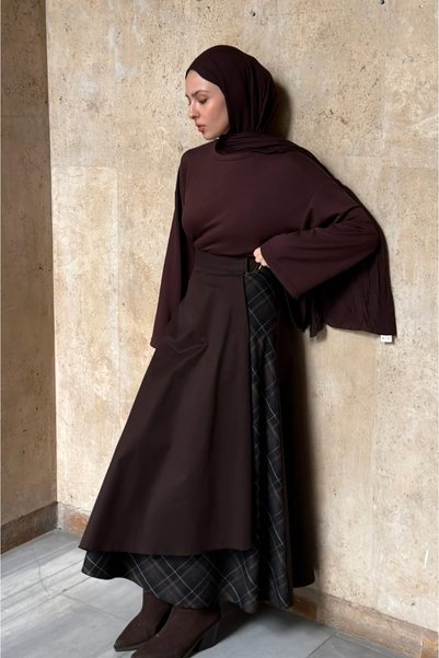 fayaboutique.com Kahverengi Ekose Detaylı Anvelop Model Etek