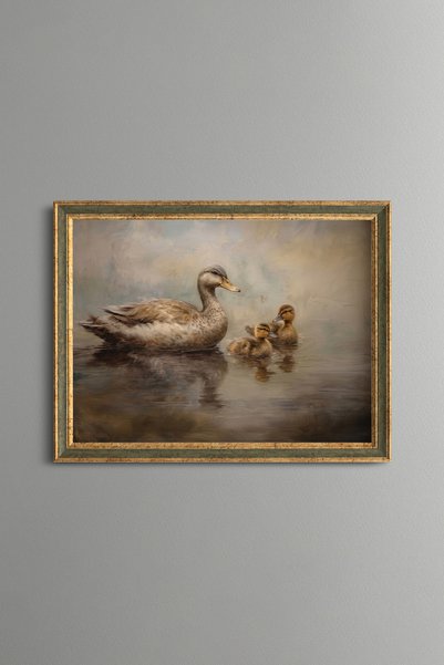 epiqart Duck and Her Babies in the Lake - Vintage Patterned Painting - Fine M...