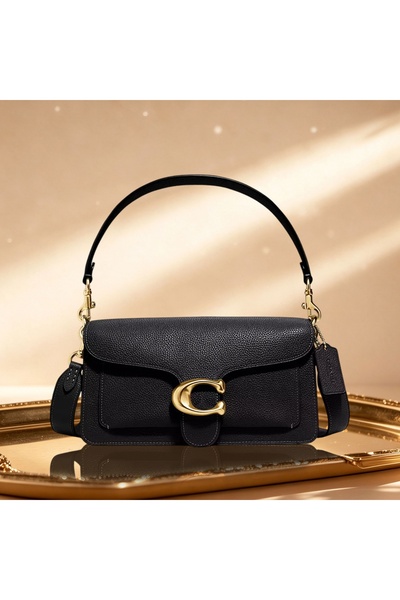 COACH 1941 حقيبة كتف نسائية فاخرة بتصميم ريترو، من الجلد الأسود المحبب، مع إك...
