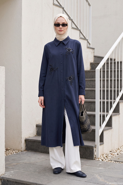 Lale Butik Women's Bead Detail Long Cotton Shirt 4726 Navy Blue