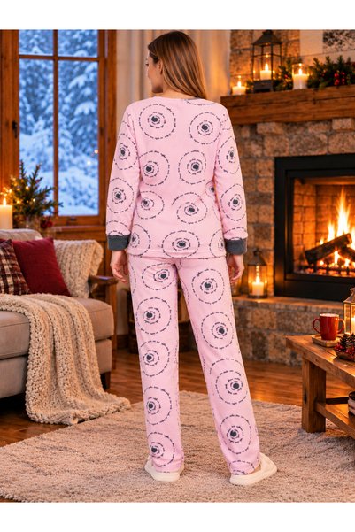 PİJAMOOD Pembe Gözlüklü Desenli Uzun Pantolonlu Kadın Pijama Takımı