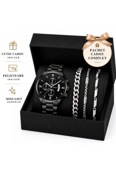 Geneva Set Cadou Barbati Ceas Negru si 3 Bratari Argintii in Cutie Cadou - III
