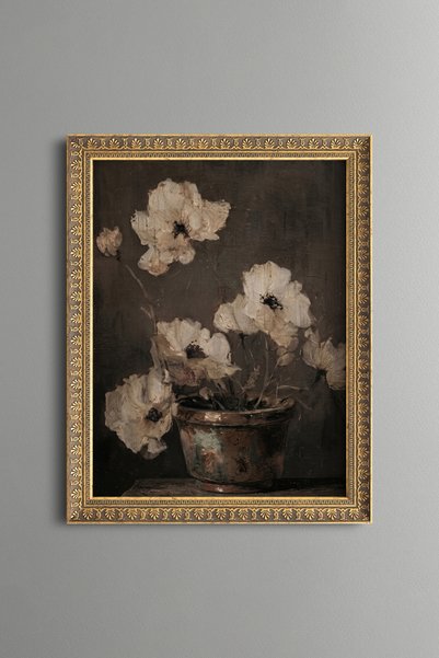 epiqart White Flowers in a Pot on a Dark Background - Vintage Patterned Paint...