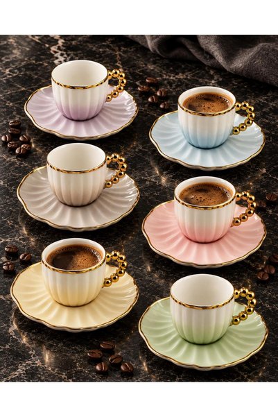 valkyrie Perla Serisi 6 Kişilik 12 Parça Porselen Türk Kahvesi Fincan Takımı Pastel Gold Renkli