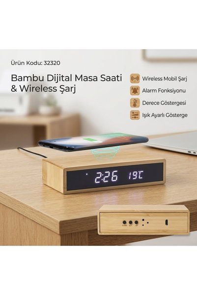 Bambu Dijital Masa Saati - Kablosuz (Wireless) Mobil Şarj Cihazı