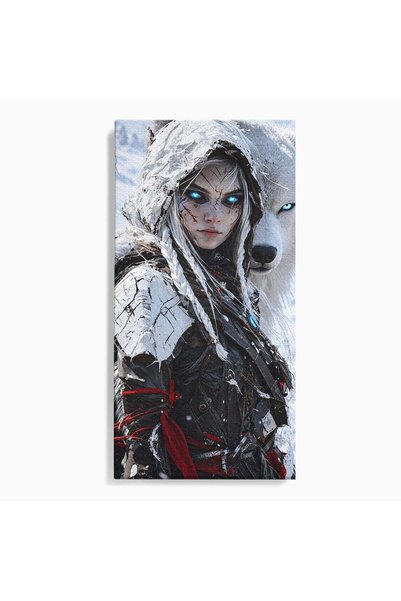 Luxcanva Tablou Canvas Razboinica Si Lupul Alb 70x140 cm pe Sasiu Lemn Lup Fa...