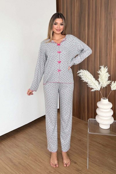 GİYSA Set de pijamale pentru femei, cu decolteu în V, cu imprimeu floral, gri...